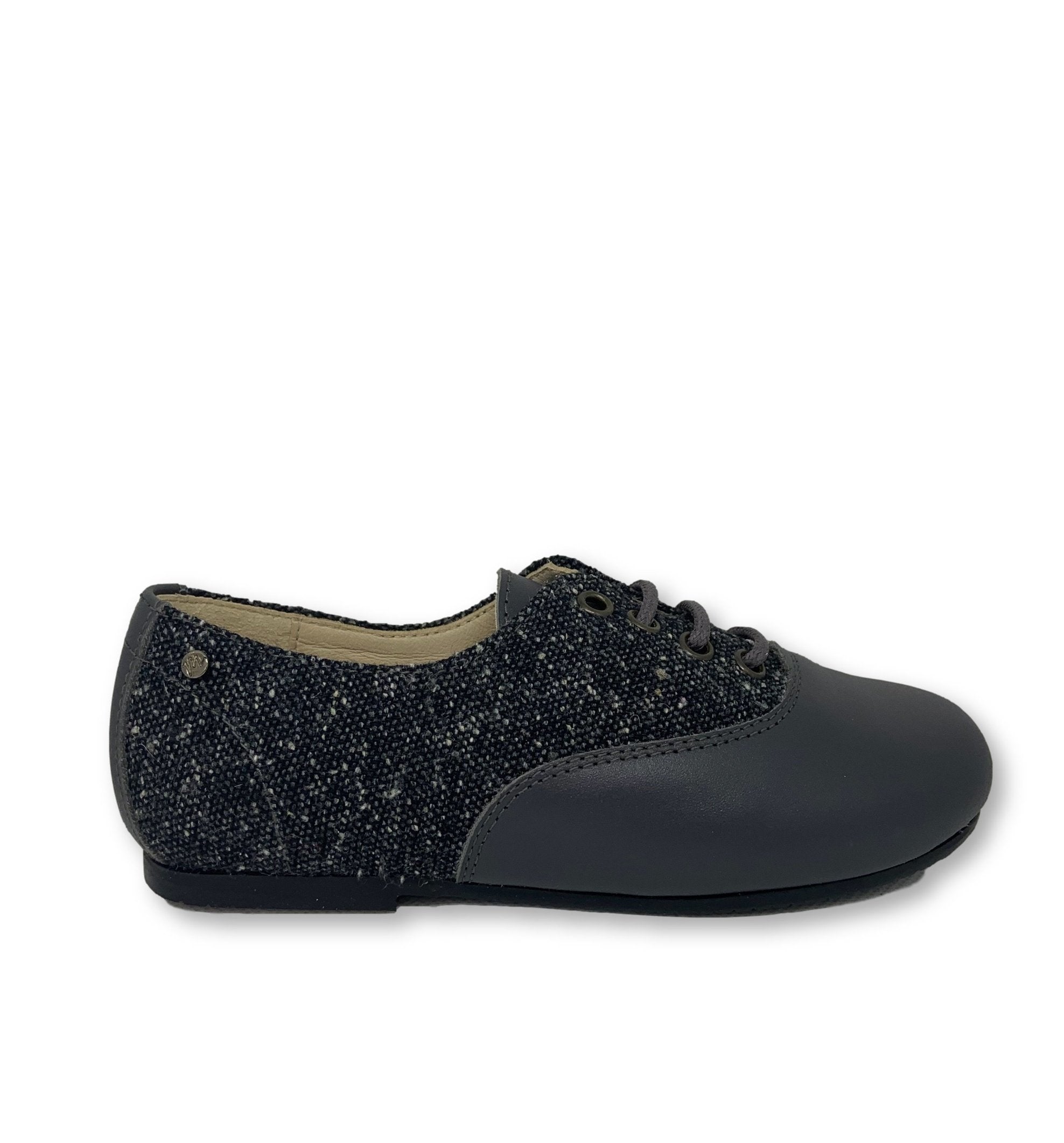 Manuela Grey Leather and Tweed Derby-Tassel Children Shoes
