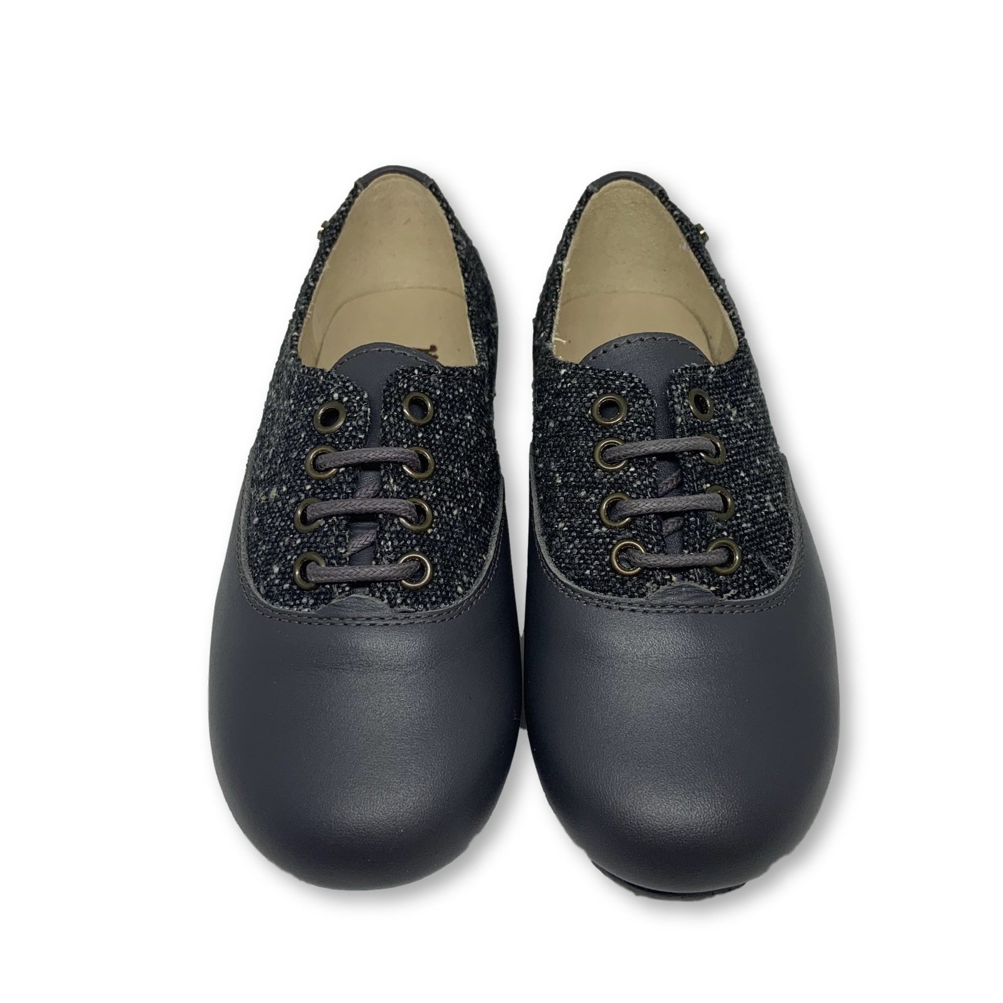 Manuela Grey Leather and Tweed Derby-Tassel Children Shoes